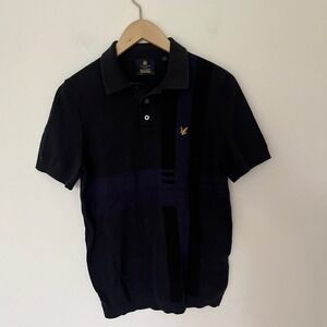 Lyle & Scott Archive Mens Knit Polo Shirt Navy Blue Striped Logo Size Small